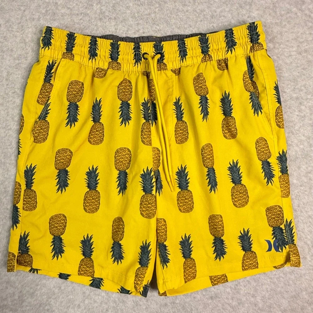 Hurley Mens Yellow Pineapple Print Board Shorts Swim Trunks Sz Medium 7in Inseam